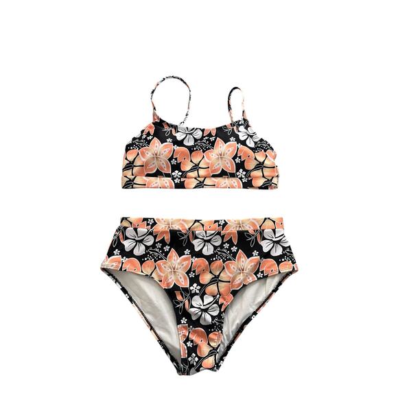 Swim Suit Women’s Size Medium 2 Piece Floral Print Orange Black U Neck Like New - Picture 1 of 7